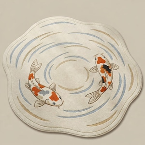 Pode incluir: Um tapete bege com borda ondulada com dois peixes koi num design de lagoa. Os peixes são brancos com marcas laranja, pretas e cinzentas. Redemoinhos azuis e castanhos criam o efeito da água, oferecendo um acento decorativo sereno.