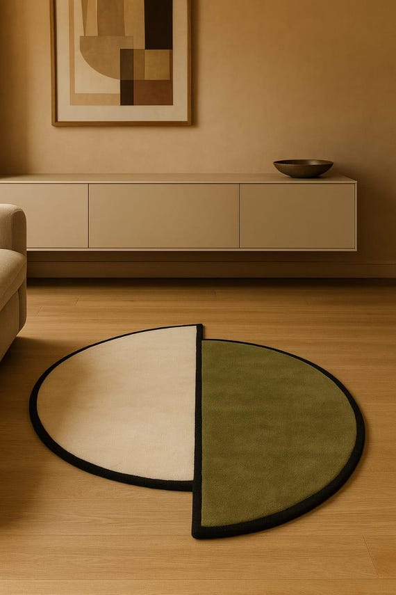 Minimalistischer Halbkreis Teppich: Geometrischer Teppich in Beige & Olivgrün