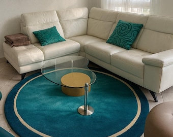 Teal Circle Rug: Modern Minimalist Area Rug with Neutral Border