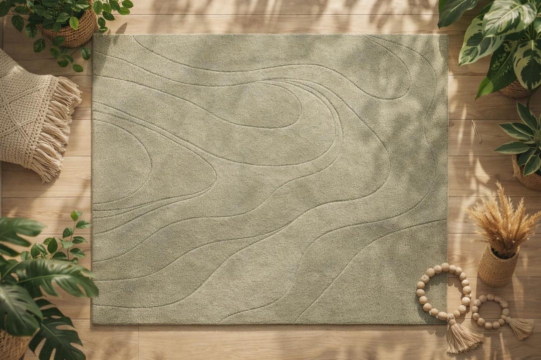Calm Neutral Rug Minimalist Sage Green Area Rug, Modern Wave Texture Floor Carpet ...