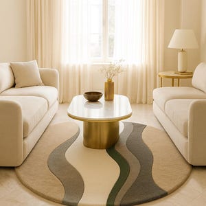 Handmade Wavy Wool Rug: Modern Earth Tones, Round Tufted Carpet