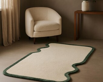 Modern Cream & Green Wavy Border Rug: Abstract Living Room Carpet