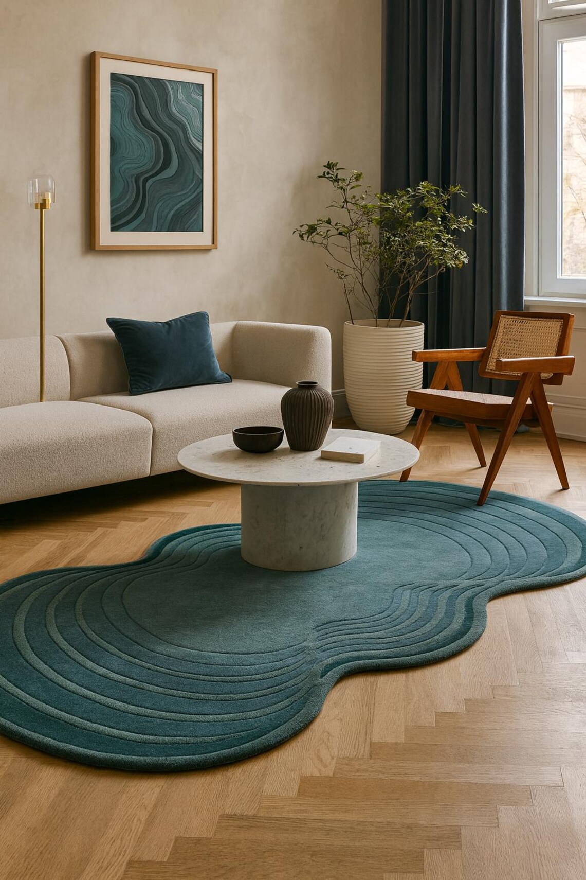 Wavy Teal Tufted Rug: Hand-tufted Abstract Blue-green Carpet for Retro ...