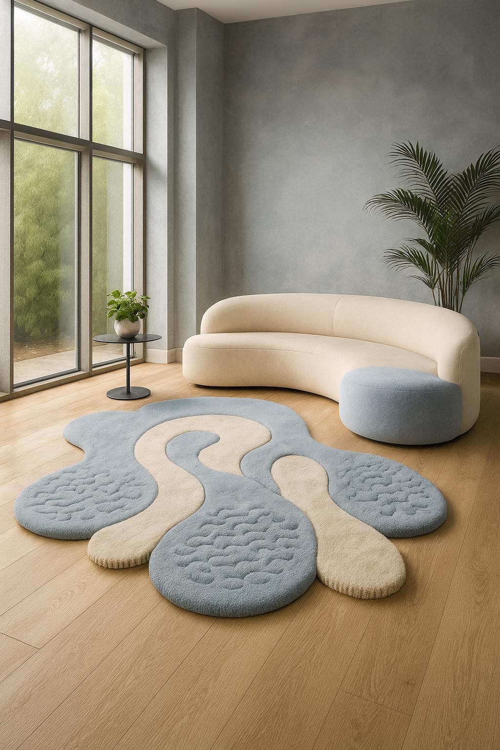 Blue Beige Abstract Tufted Rug: Handmade New Zealand Wool, Organic ...