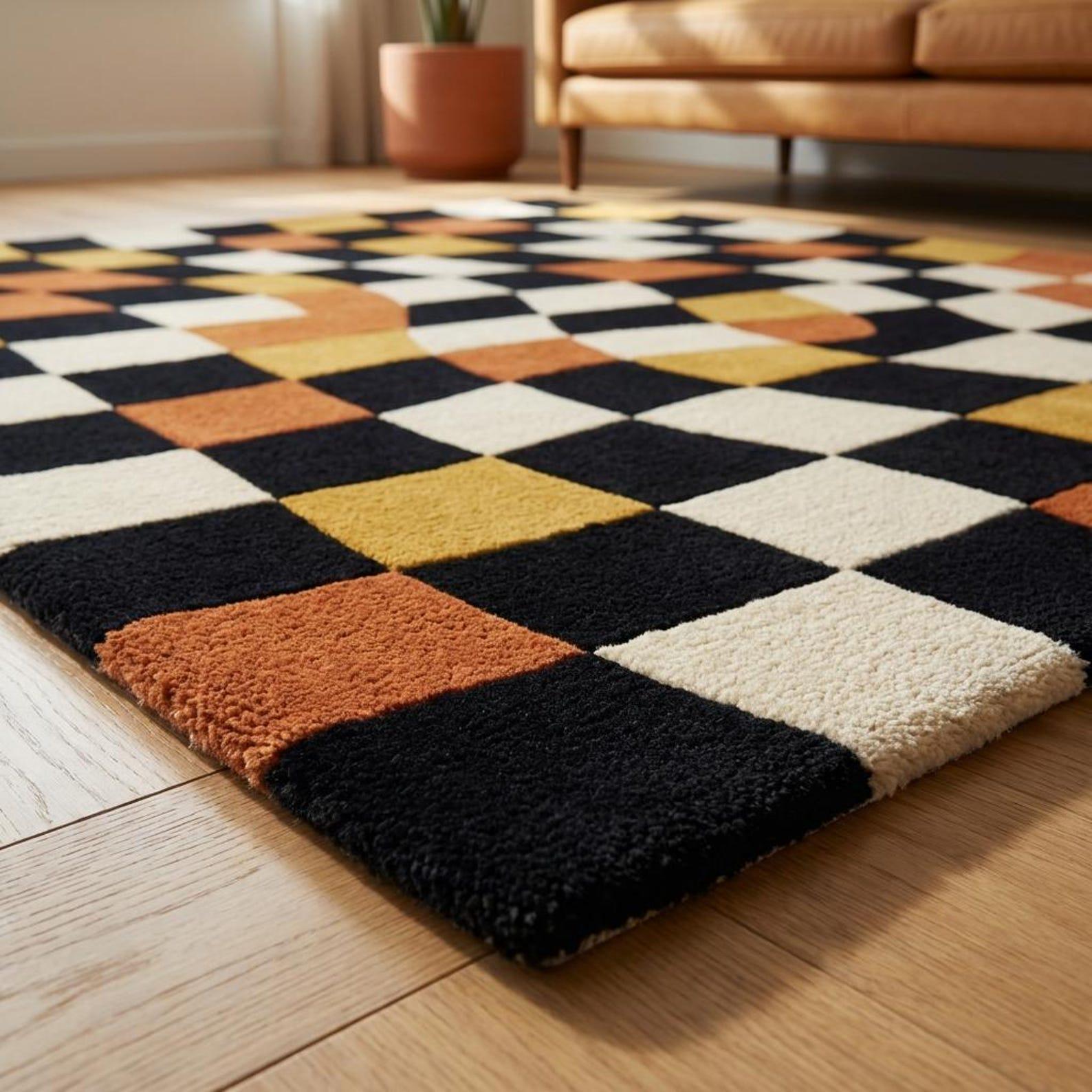 Tufted Check Rug Modern Checkered Hand Tufted Rug, Abstract Checkerboard Area Rug ...
