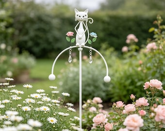 Witte kat kinetische tuinpaal met kristal, balancerende wobbler tuinkunst, grillige buitensculptuur, cadeau voor kattenliefhebbers