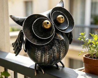 錆びた鉄製のフクロウのガーデンステーク、手作りの金属製屋外装飾、庭用のヴィンテージ風の錆びたフクロウの像、自然愛好家への鳥の贈り物