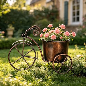 Järntrehjulingskruka, Vintage metallskottkärra, trädgårdsbehållare för blommor, unik trädgårdsdekor