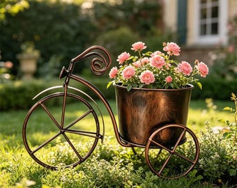 Maceta de hierro con forma de triciclo, jardinera vintage de metal con forma de carretilla, contenedor de jardín para flores, decoración de jardín única