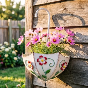 Pode incluir: Um vaso de metal branco em forma de guarda-chuva com detalhes florais vermelhos e amarelos, cheio de flores de cosmos rosa. O vaso está pendurado em uma parede de madeira desgastada, criando uma charmosa exibição de jardim.