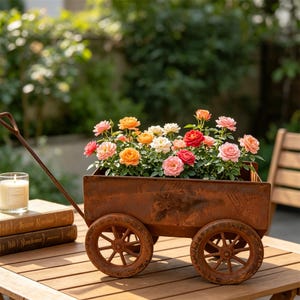 May include: A rustic, weathered metal wagon planter filled with colorful roses in shades of pink, orange, red, and white. The wagon has two wheels and a handle, sitting on a wooden table. A lit candle and books are on the table.