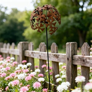 Iron Dandelion Ground Insert ,Handmade Flower Plant Marker Sculpture,Rusted Flower Yard Decor,Outdoor Garden Art