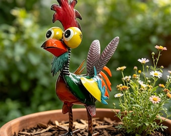 Bunte Metall Hahn Gartenstatue, lustige Eisen Huhn Skulptur, Bauernhaus Yard Art, wunderliches Geschenk für Tierliebhaber