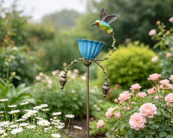 Blue Hummingbird Kinetic Balancing Garden Stake,Whimsical Outdoor Sculpture, Rustic Patio Decor Gift for Bird Lovers
