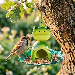 May include: A green metal bird feeder shaped like a frog with a wide, scalloped tray base filled with birdseed. The frog figure has a rounded head with black eyes and a central opening for birds to access the feed. It hangs from a metal chain.