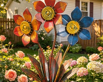 Vintage Multicolor Iron Wildflower Garden Sculpture,Garden Stake,Unique Housewarming Present