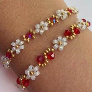 Red Ruby Inspired July Birthstone Bracelet or Necklace – Gold & Opal Daisies with AB Crystal | Handmade UK Jewellery Gift for Her