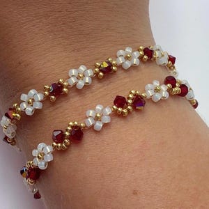 Red Garnet Inspired January Birthstone Bracelet or Necklace – Gold & Opal Daisies with AB Crystal | Handmade UK Jewellery Gift for Her