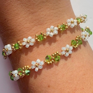 Green Peridot Inspired August Birthstone Bracelet or Necklace – Gold & Opal Daisies with AB Crystal | Handmade UK Jewellery Gift for Her