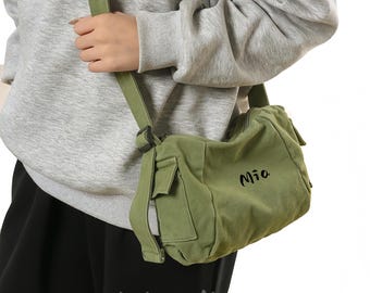 Vintage Washed Canvas Crossbody Bag, Japanese Style Small Backpack for College Girls, Custom Embroidery, Minimalist Phone Purse