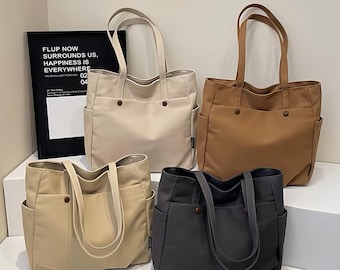 Minimalist Custom Embroidered Canvas Tote Bag, Large Capacity Commuter Shoulder Bag for Women