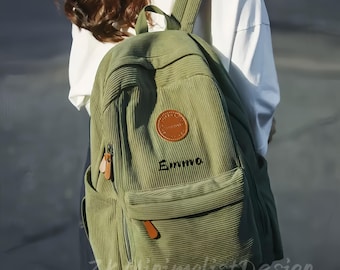 Mochila unisex de pana bordada personalizada para estudiantes. Mochila de viaje de gran capacidad. Color verde, negro, caqui, blanco y gris.