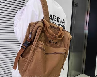 Mochila de lona para estudiantes con bordado personalizado - Mochila retro para estudiantes de secundaria y universitarias, color marrón, verde, negro, blanquecino y rojo