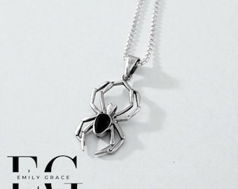 Sterling Silver Spider Necklace with Black Onyx | Gothic Spider Pendant | Minimal Dark Jewelry Gift