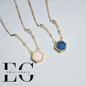 May include: Two gold-toned necklaces with hexagonal pendants. One pendant is light pink, the other is blue. The pendants are framed in gold and hang from delicate chains. The image includes the text "EG EMILY GRACE LO JEWELRY CO."
