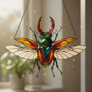 Könnte beinhalten: Bunter Glas-Suncatcher in Käferform. Der Käfer hat einen grünen Kopf, rote Mandibeln und Flügel in Gelb, Orange, Rot und Blau. Er hängt an einer Kette und eignet sich zur Fensterdekoration. Die Breite beträgt ca. 20 cm.