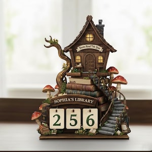 Könnte beinhalten: Eine skurrile Holzbibliothek-Skulptur mit einem Miniaturhaus, einem Bücherstapel und einer Treppe. Die Skulptur zeigt ein Schild mit der Aufschrift "Sophia's Library" und einen Kalender mit den Zahlen 256. Rote und weiße Pilze sind um die Basis verstreut.