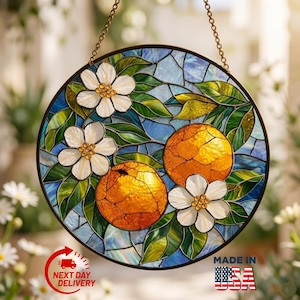 Orange Fruit Stained Glass Suncatcher, Citrus Blossom Window Hanging, Kitchen Decor Wall Art, Orange Tree Glass Panel, Summer Fruit Gift