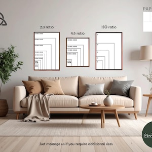 May include: A living room scene with a beige sofa, throw pillows, and a wooden coffee table. Three framed prints display paper size ratios. The text "Just massage us if you require additional sizes" is at the bottom. A potted plant and a lamp are also visible.