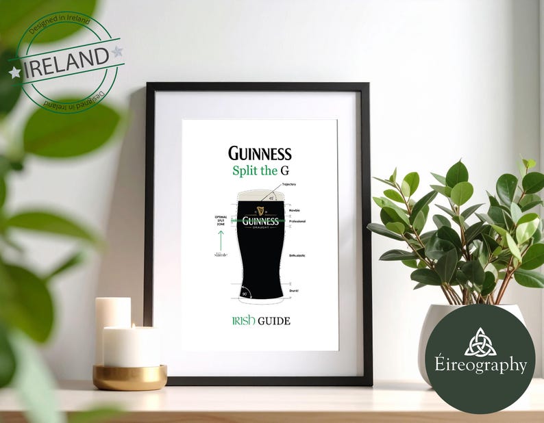 May include: A framed print featuring a diagram of a pint of Guinness stout. The print includes the Guinness logo and the text "Split the G" and "Irish Guide." The print is in a black frame and is displayed on a white surface.