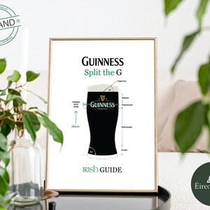 May include: A framed print featuring a pint of Guinness stout with a diagram illustrating the perfect pour. The print includes the Guinness logo, the text "Split the G," and the words "Irish Guide." The print is displayed on a black surface.
