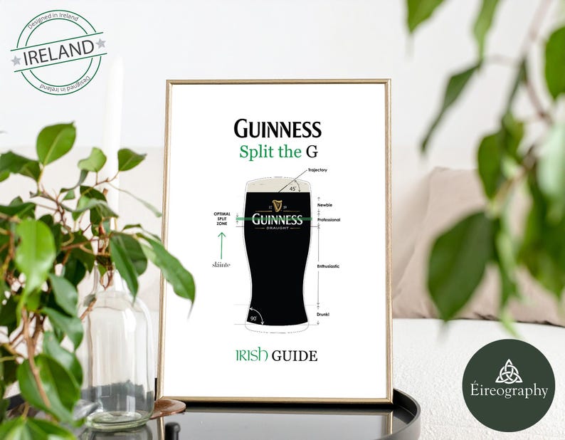 May include: A framed print featuring a pint of Guinness stout with a diagram illustrating the perfect pour. The print includes the Guinness logo, the text "Split the G," and the words "Irish Guide." The print is displayed on a black surface.