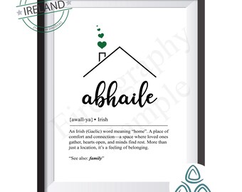 Abhaile Irish Home Art Print, Gaeilge Quote, Green Hearts, (Instant Digital Download 300 DPI)