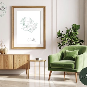 Puede incluir: Una impresión enmarcada de un mapa verde del condado de Mayo, Irlanda, sobre un fondo blanco. La impresión está en un marco dorado y cuelga sobre un mueble de madera y un sillón verde. El texto "Co. Mayo" está escrito debajo.