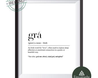 Impresión de la definición de "Grá": refrán de amor irlandés, arte mural minimalista, descarga instantánea