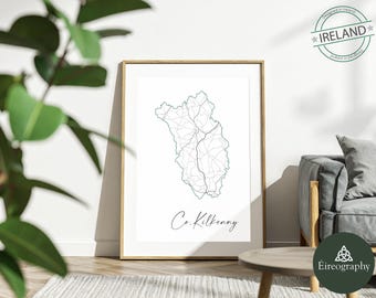 Impression de carte de Kilkenny, Irlande : art minimaliste du contour du comté, téléchargement immédiat, pdf, jpeg, 300 dpi