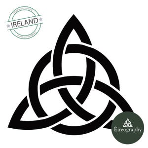 May include: Black Celtic knot design with three interconnected loops, set against a white background. The design includes a green circular stamp that reads "Designed in Ireland" and a dark green circle with the text "Éireography".