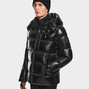 Men&#39;s Shiny Black Puffer  Jacket with Hood – Stylish Winter Outerwear