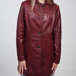 Burgundy Leather Trench Coat: Women&#39;s Vintage Style Genuine Leather Outerwear