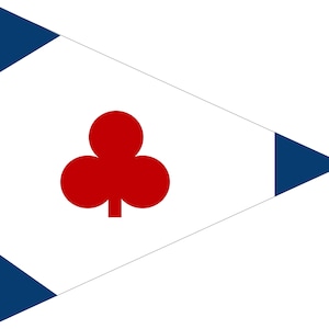 May include: A white pennant flag featuring a red clover emblem. Dark blue triangles are positioned at the corners and edges. The flag is triangular in shape.