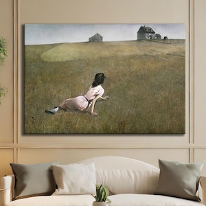 May include: A rectangular wall art print depicting a landscape scene with a person in a pink dress sitting in a large, dry grassy field. In the distance, two houses are visible on a hill under a gray, overcast sky. The artwork is framed.