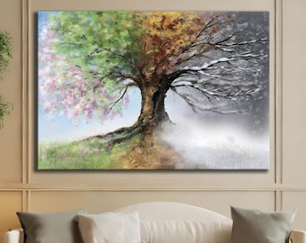 Four Seasons Tree Canvas Art Print - Colorful Modern Design, Seasonal Wall Decor for Home or Office