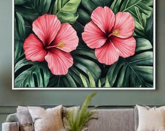Duty Free Usa Tropical hibiscus Flower Framed - Canvas Watercolor Tropical Floral Artwork - Tropical Hibiscus Wall Decor