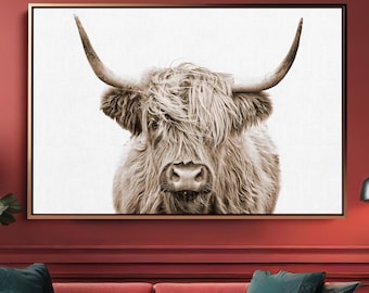 Highland Cow Sepia Canvas Print – Vintage Highland Cow Art, Rustic Farmhouse Decor, Sepia Cow Wall Art, Scottish Cow Print for Home