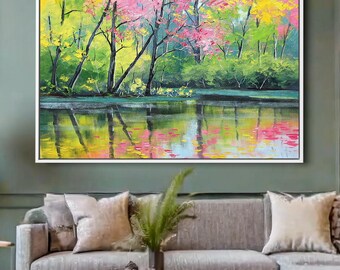 Lienzo decorativo con lago y árboles coloridos: vibrante pintura de paisaje para amantes de la naturaleza, decoración de pared con un sereno reflejo del bosque.