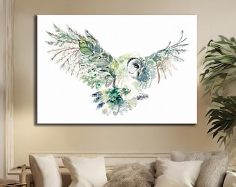 Lienzo de búho, arte mural de búho volador, obra de arte de búho, póster de búho, lienzo de búho verde, decoración de pared de búho con hojas, póster de búho